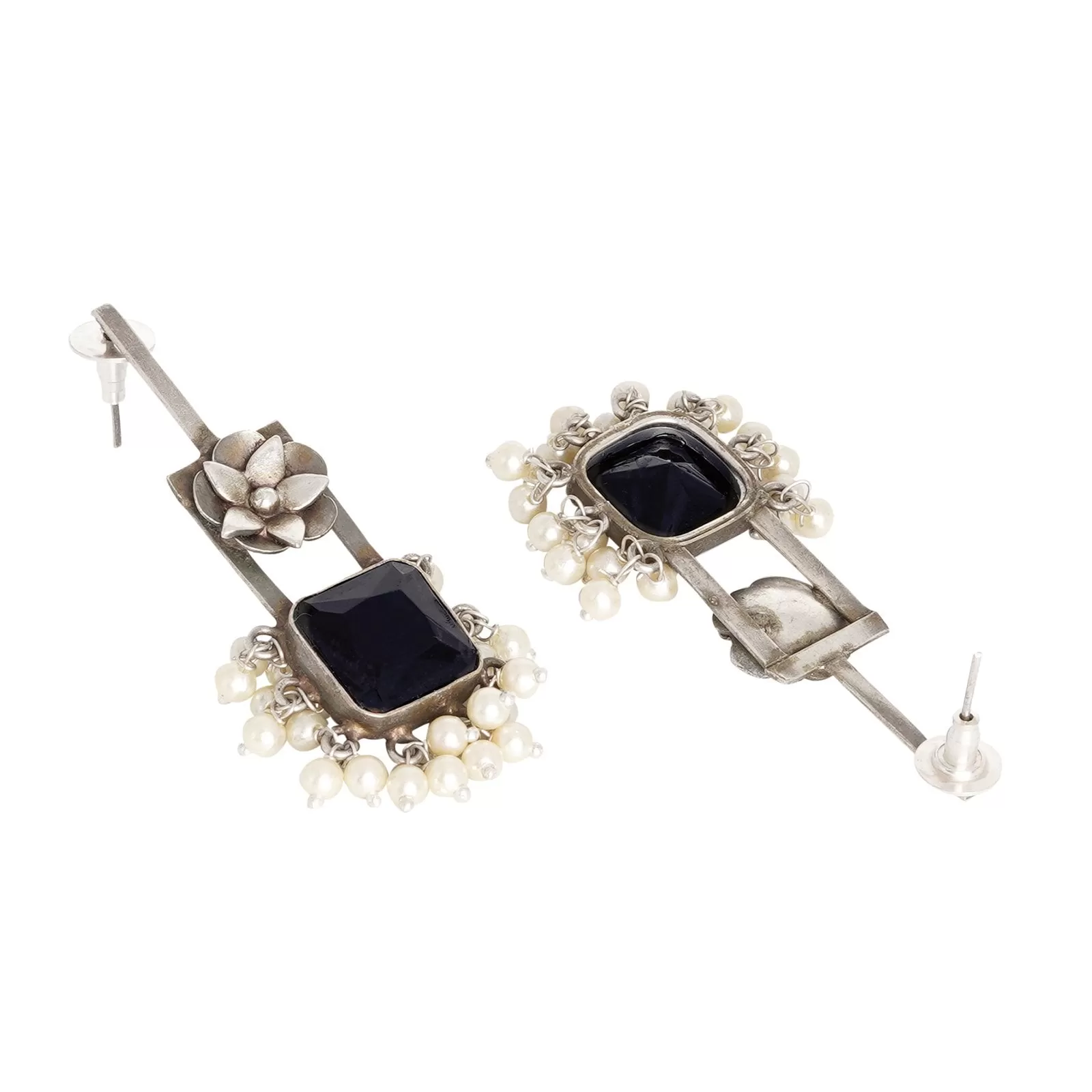 Teejh Vrinda Black Stone Silver Oxidised Earrings