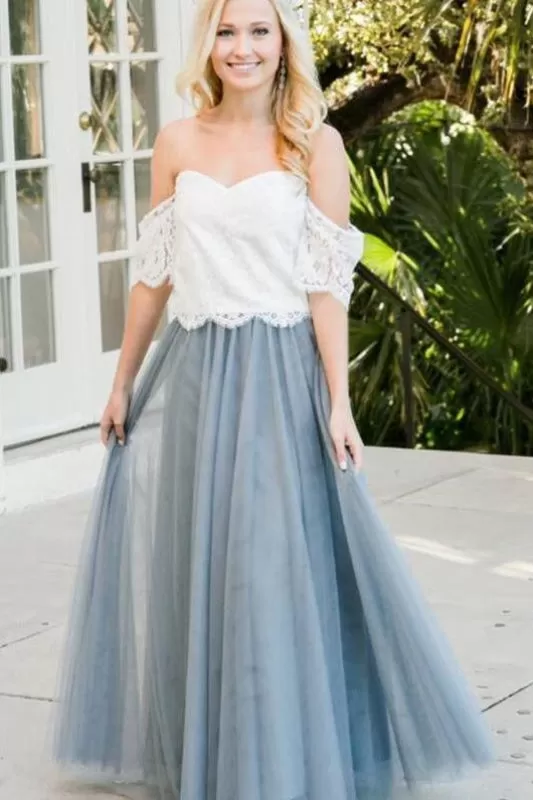 Two Piece Floor Length 2 Piece Off Shoulder Tulle Bridesmaid Dress