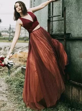 Two Piece V-Neck Dark Red Tulle Bridesmaid Dress