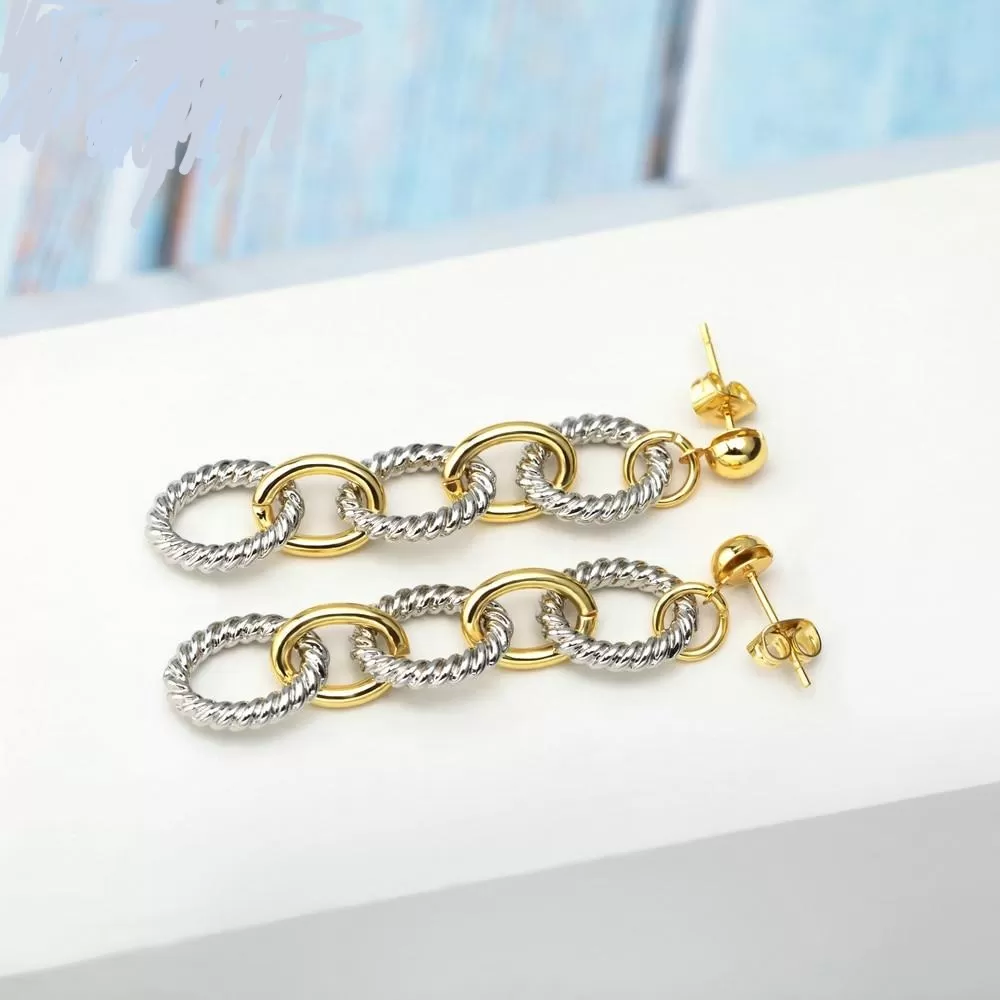 Two-Tone Alternating Circle Cable Links Long Earrings 2.36