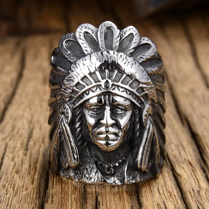 Vintage Stainless Steel Indian Chief Eagle Feathers Ring