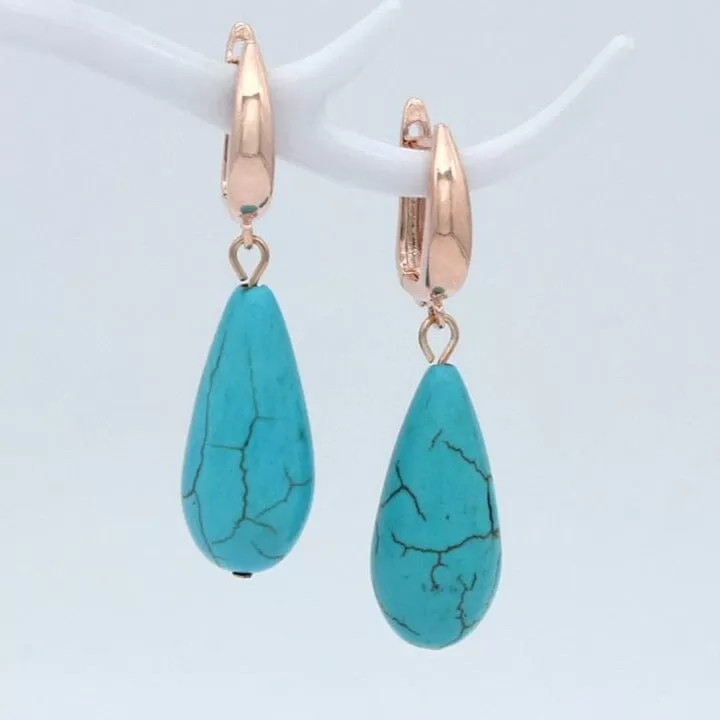 Water Drop Synthetic Turquoise Dangle Earrings - 585 Rose Gold