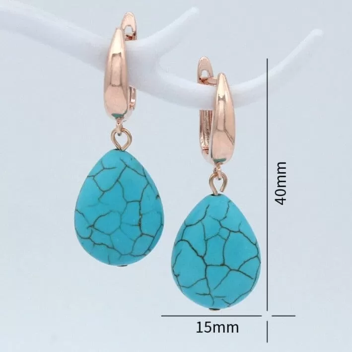 Water Drop Synthetic Turquoise Dangle Earrings - 585 Rose Gold