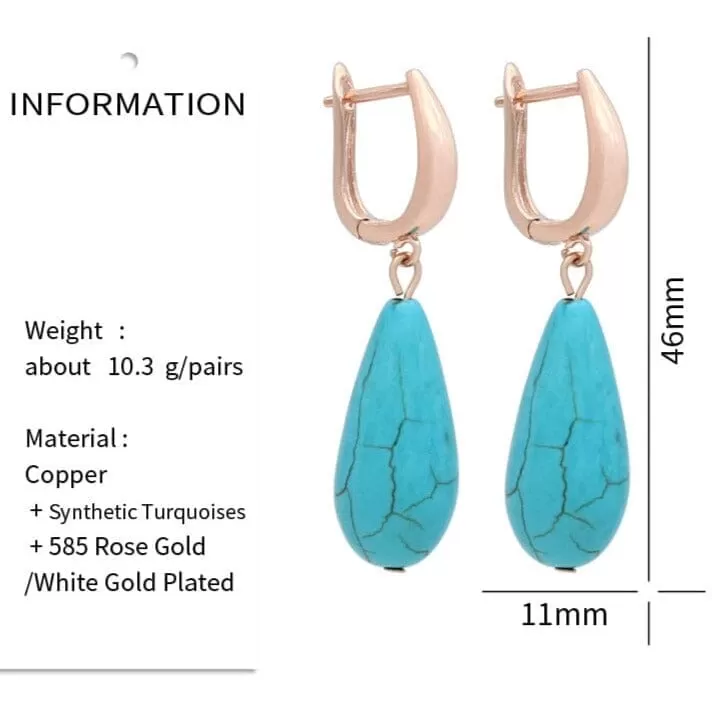 Water Drop Synthetic Turquoise Dangle Earrings - 585 Rose Gold