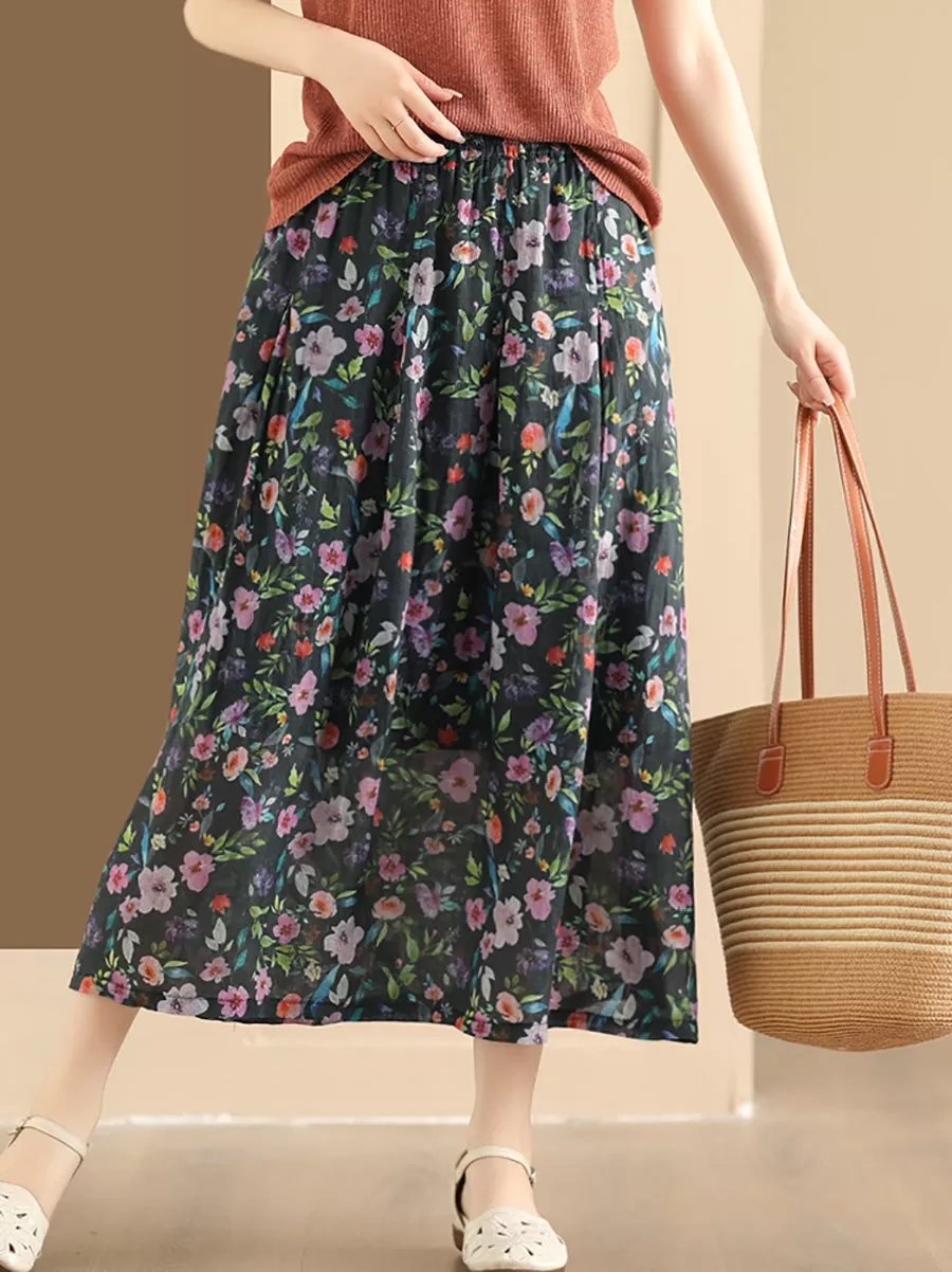 Women Artsy Summer Flower Ramie A-shape Skirt CO1025