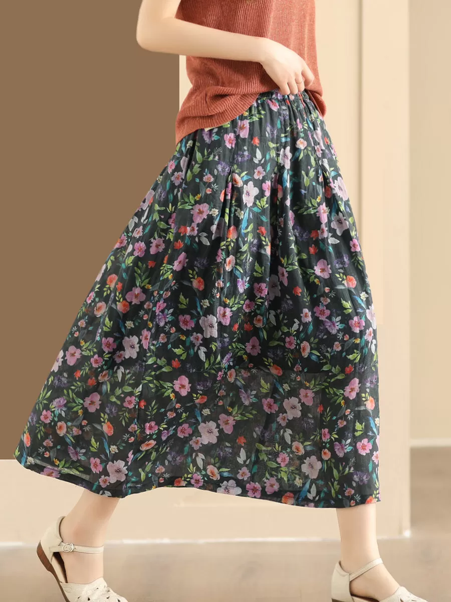 Women Artsy Summer Flower Ramie A-shape Skirt CO1025