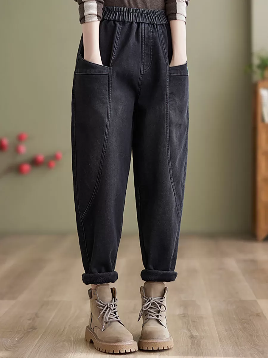 Women Casual Winter Fleece-lined Denim Pants