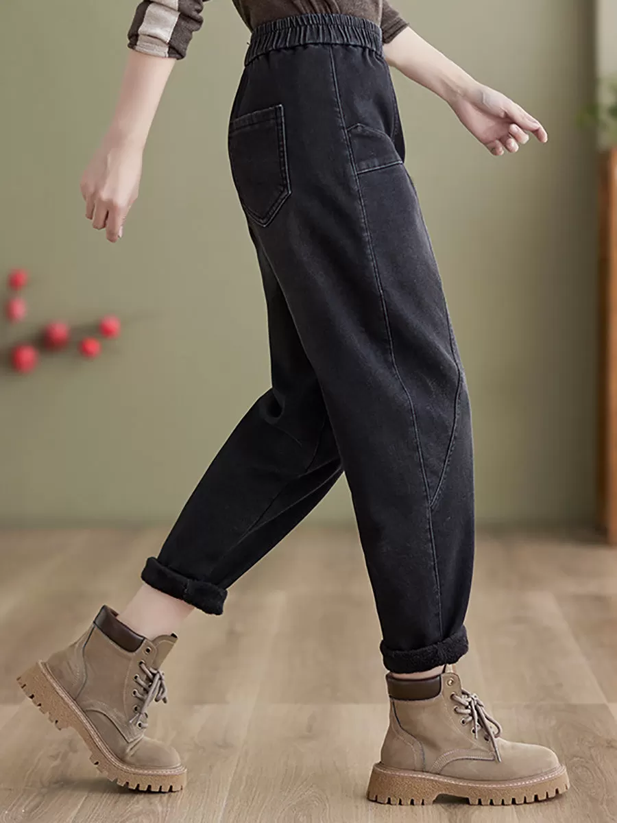 Women Casual Winter Fleece-lined Denim Pants