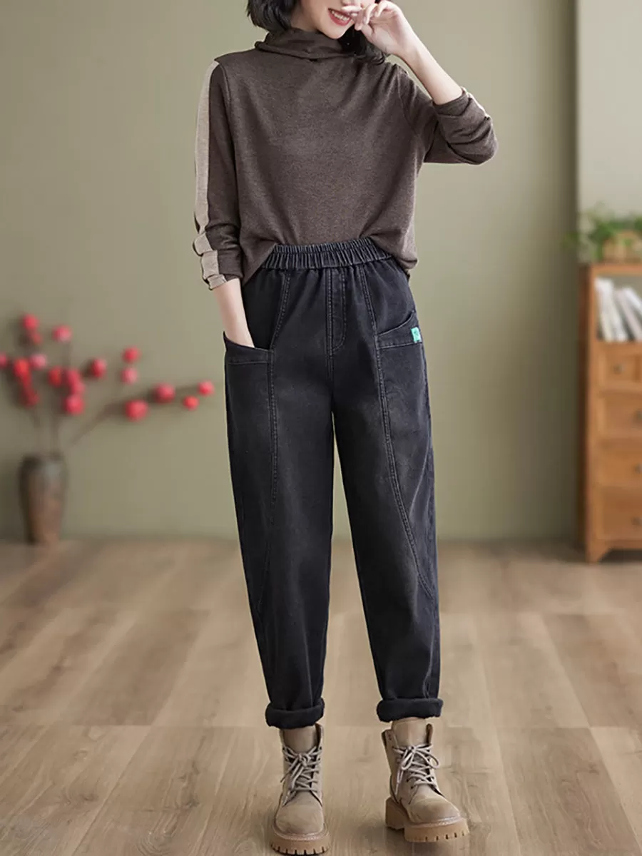 Women Casual Winter Fleece-lined Denim Pants