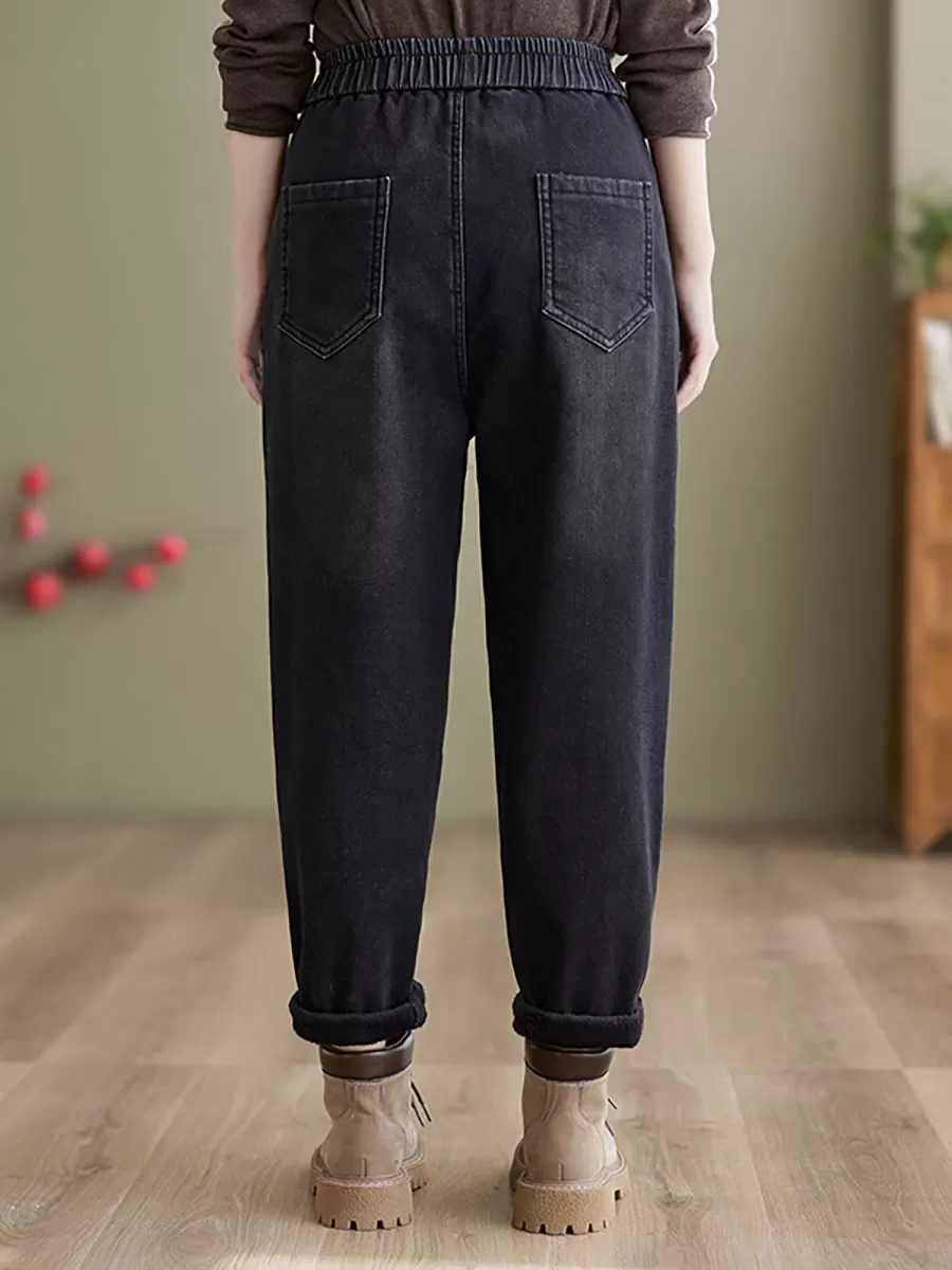 Women Casual Winter Fleece-lined Denim Pants