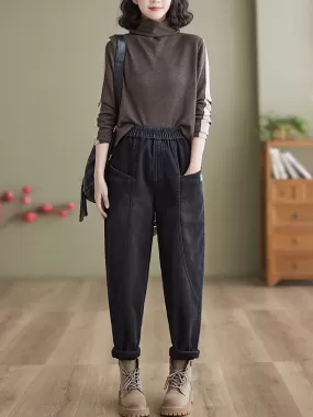 Women Casual Winter Fleece-lined Denim Pants