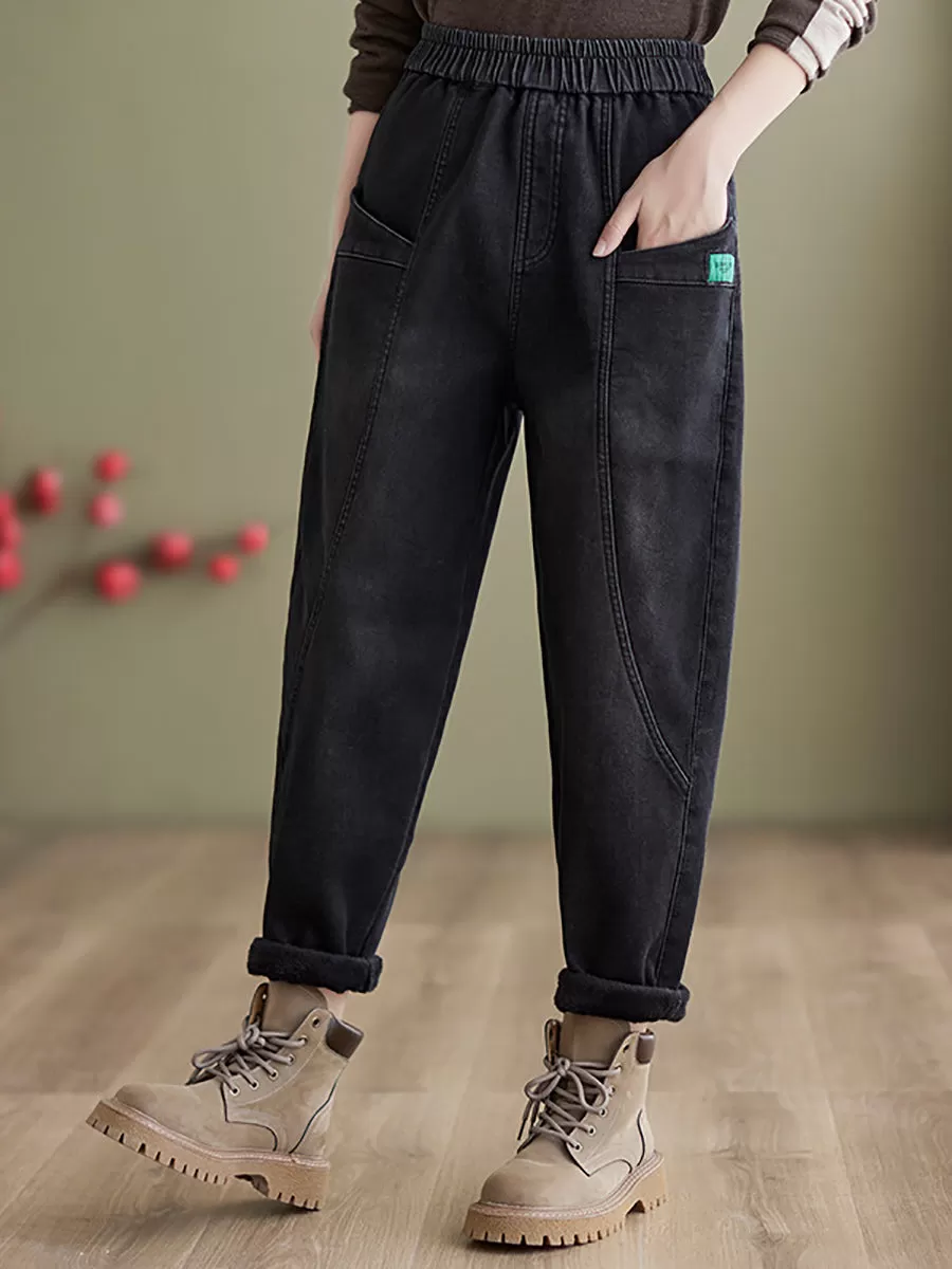 Women Casual Winter Fleece-lined Denim Pants