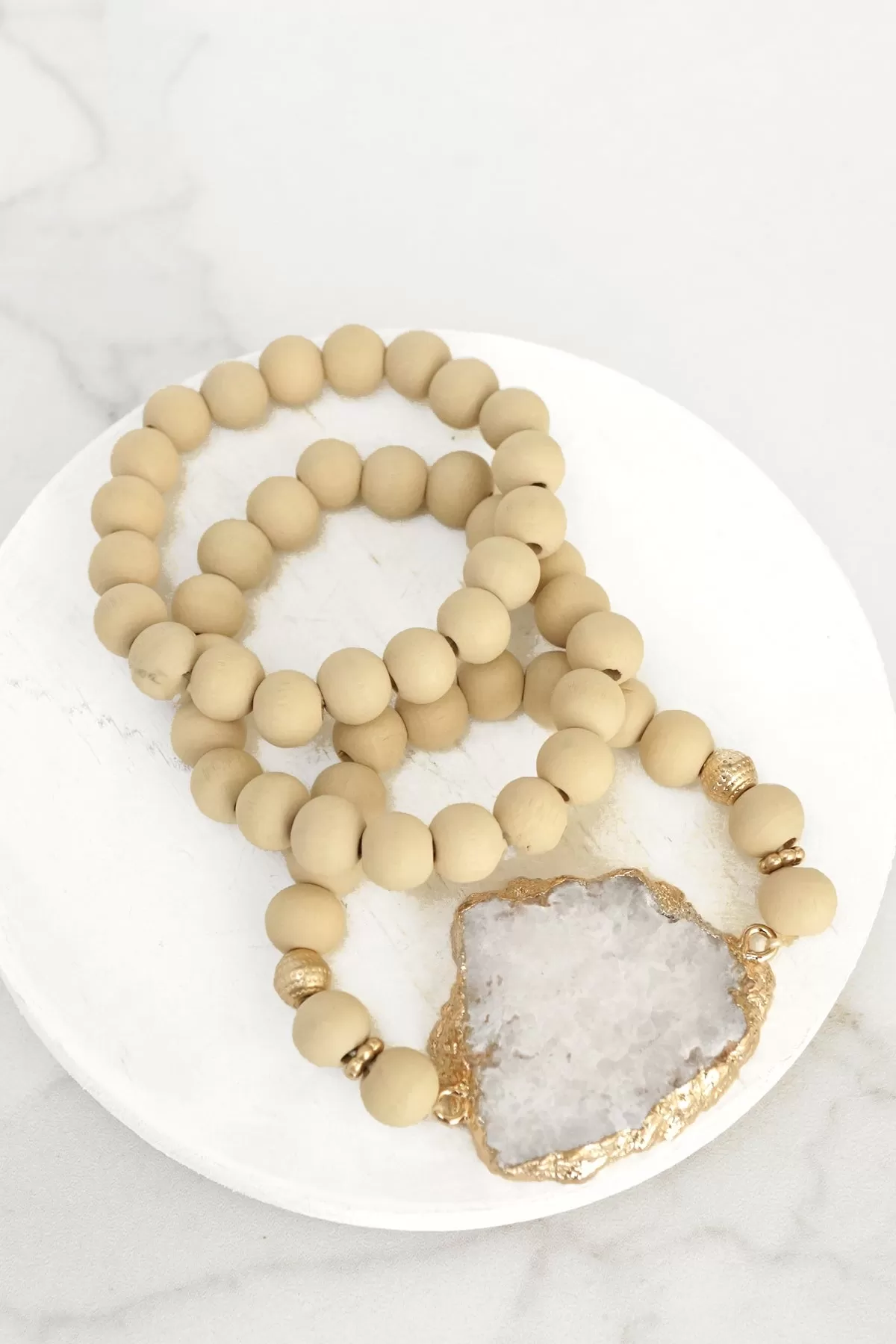 Wooden Beads, Sliced Stone Bracelet Set