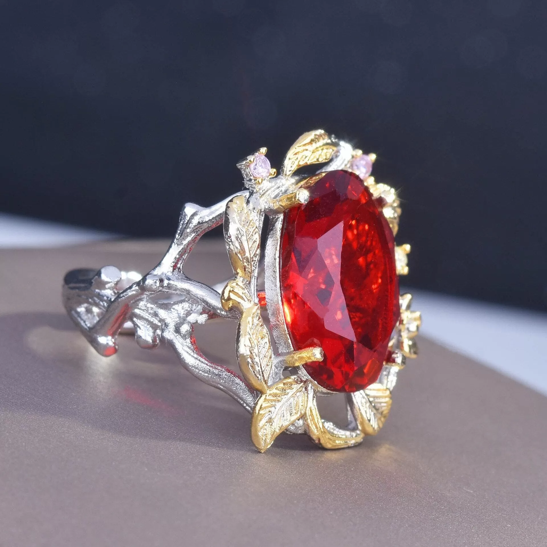 Wreath Leaves Ruby Silver Resizable Ring